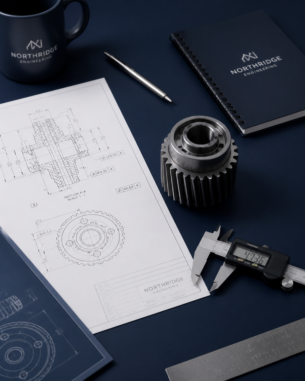 Engineering workspace with technical drawings and precision tools